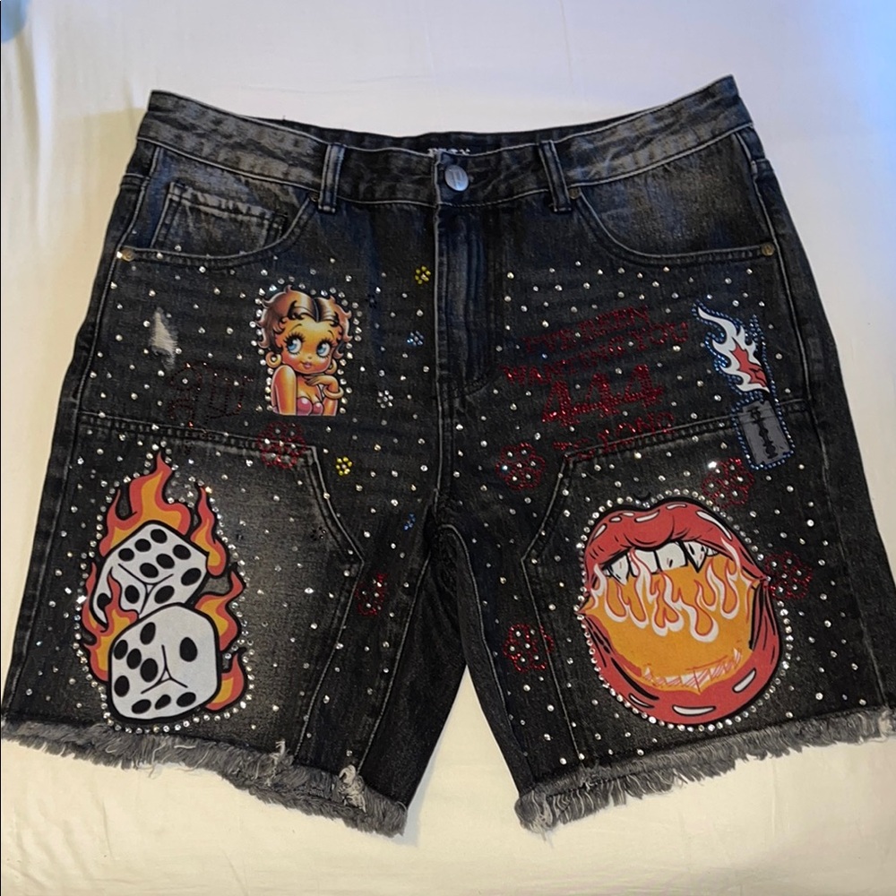 Graphic Black Denim Shorts with Dice and Flames - Size 36W